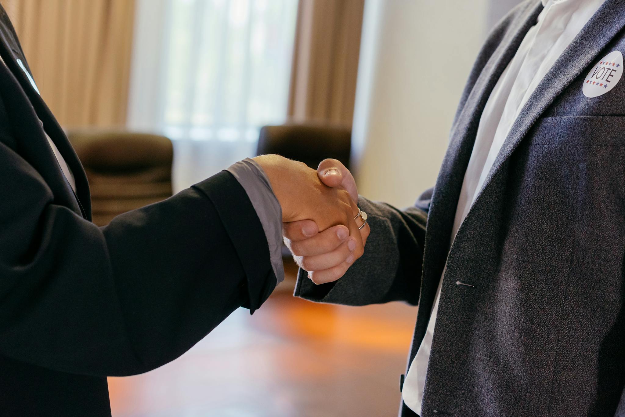 Close-up of a business handshake symbolizing partnership and agreement.